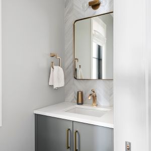 Contemporary White and Gray Half Bathroom. Gray bathroom vanity
